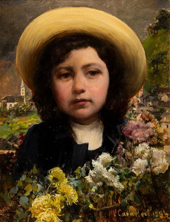 Vittorio Cavalleri (Torino 1860 - Gerbido 1938)  - Ritratto di bambina con mazzo di fiori, 1894