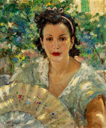 Vittorio Gussoni (Milano 1893 - Sanremo 1968)  - Ritratto di donna con ventaglio, 1950