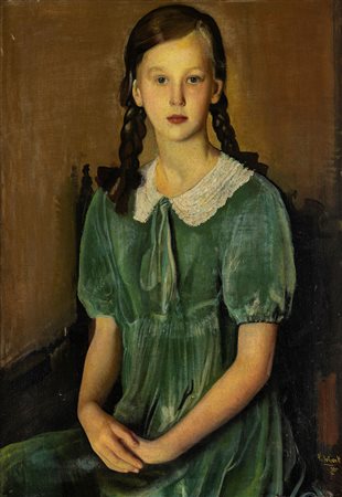 Rosario Pulvirenti (Aci Sant'Antonio 1899 - Varese 1966)  - Ritratto di bambina con le trecce, 1935
