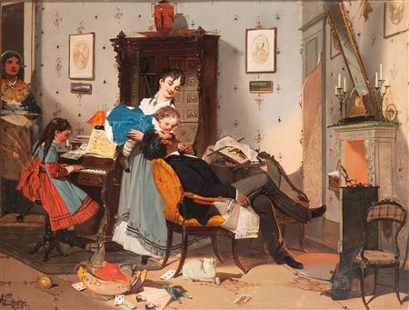 Achille Savoia (Pavia 1842 - 1886)  - Scena di vita familiare in un interno