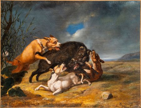 Pietro Andrea Vallati (Roma 1816 - 1894)  - Caccia al cinghiale presso la campagna romana