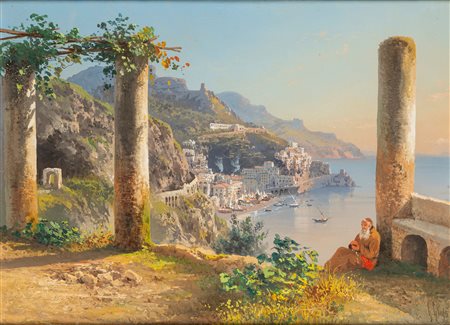 Guglielmo Giusti (Napoli 1824 - 1916?)  - Veduta di Amalfi dal convento dei Cappuccini