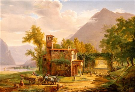 Scuola del secolo XIX - Paesaggio lacustre con abbazia, frati e pastori, 1824