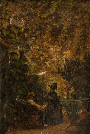 Félix Joseph Barrias (Parigi 1822 - 1907)  - Donna e bambino in un giardino