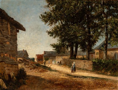 Eugène Damas (1848 - 1917)  - Scorcio di villaggio con figure, 1887