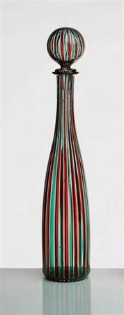 VENINI Bottiglia con tappo in vetro sofﬁato lavorato a mano a canne nei toni...