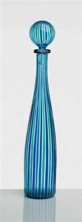 VENINI Bottiglia con tappo in vetro sofﬁato lavorato a mano a canne nei toni...