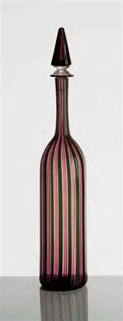 VENINI Bottiglia con tappo in vetro sofﬁato e lavorato a mano a canne nei...