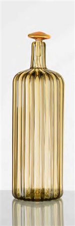PAOLO VENINI Bottiglia in vetro con tappo a canne, colore giallo e talpa....