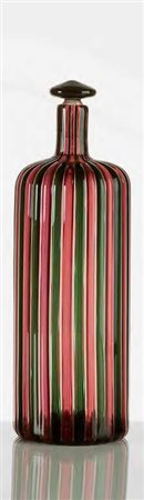 PAOLO VENINI Bottiglia in vetro con tappo a canne, colore verde e fucsia....
