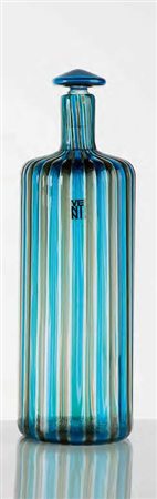 PAOLO VENINI Bottiglia in vetro con tappo a canne, colore talpa e turchese....