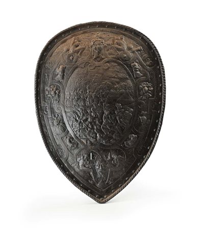 Scudo a mandorla in ferro istoriato, replica della targa da parata di Enrico...