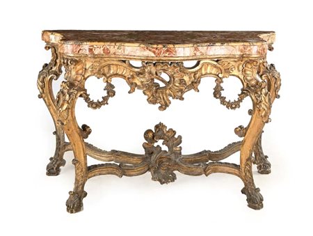 Console in legno intagliato e dorato a mecca con piano in breccia, XVIII...