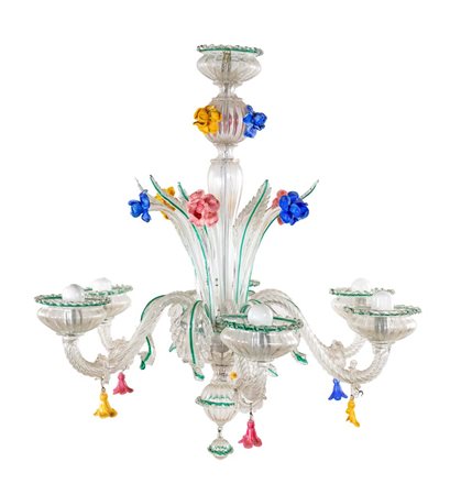 Lampadario in vetro di Murano a sei luci, XX secolo con bracci ad andamento...