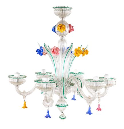 Lampadario in vetro di Murano a sei luci, XX secolo con bracci incurvati e...