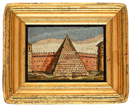 Placca in mosaico minuto raffigurante la piramide di Caio Cestio a Roma,...