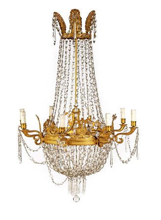 Lampadario "Impero" in bronzo dorato e cristalli, XIX secolo cm 90x64 dalla...