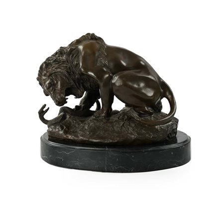 Antoine-Louis Barye (Parigi, 1795 - Parigi, 1875) Leone in lotta con un...