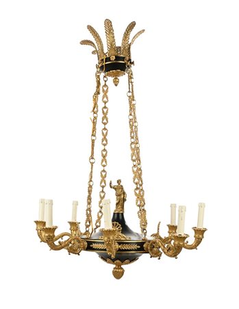 Lampadario "Impero" in bronzo dorato e patinato, XIX secolo cm 94x74 otto...