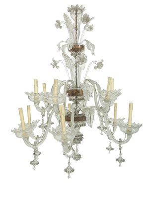 Grande lampadario “Ca’ Rezzonico” a dodici luci su tre livelli in vetro di Murano incolore.