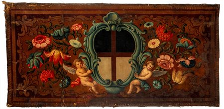Pannello araldico decorativo dipinto su cuoio. Secolo XIX