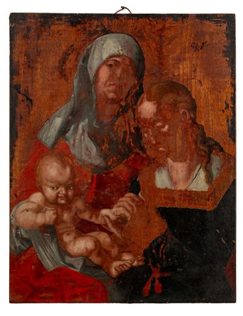Pannello raffigurante Sacra Famiglia e stemma araldico al retro
