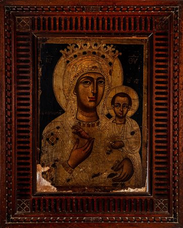 Icona ortodossa raffigurante Madonna con Bambino. Fine secolo XIX. Difetti (mancanze)