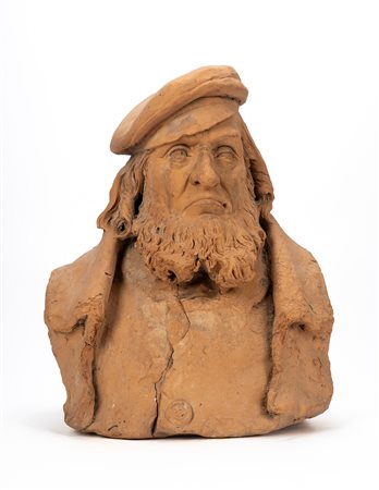 Busto di uomo barbuto con cappello in terracotta. XIX secolo