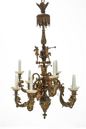 Lampadario in bronzo dorato a sei luci in stile Reggenza, fine secolo XIX/inizio secolo XX