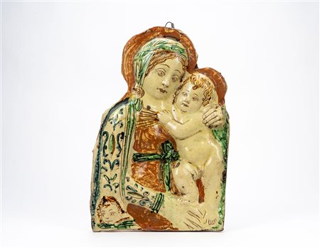 Targa votiva in maiolica policroma raffigurante Madonna con Bambino, probabilmente Emilia-Romagna, secolo XIX