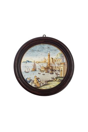 Tondo in maiolica policroma istoriata. Ambito della bottega di Francesco Antonio Saverio Grue, Castelli, secolo XVIII.