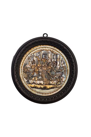 Alzata in maiolica policroma istoriata. Castelli, nei modi di Francesco Grue. 