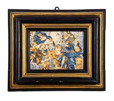 Mattonella istoriata in maiolica policroma raffigurante Gloria di San Marco Evangelista. Castelli, Bottega Gentili, secolo XVIII