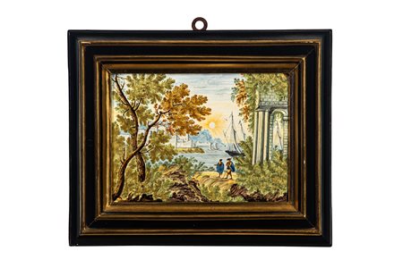 Mattonella istoriata in maiolica policroma. Castelli, secolo XVIII.  Attribuito alla bottega di Nicola Cappelletti.
