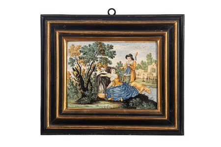 Mattonella in maiolica policroma istoriata con scena pastorale. Castelli, ambito della bottega Gentili, secolo XVIII.