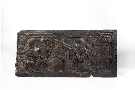 Bassorilievo su ardesia raffigurante Annunciazione.Bottega ligure-lombarda, fine secolo XV-XVI.