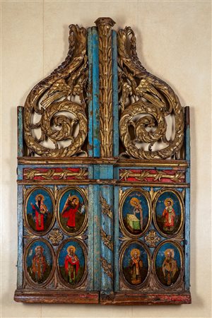 Coppia di porte in legno intagliato, scolpito, dipinto e dorato. Scuola veneto-dalmata, secolo XVII.