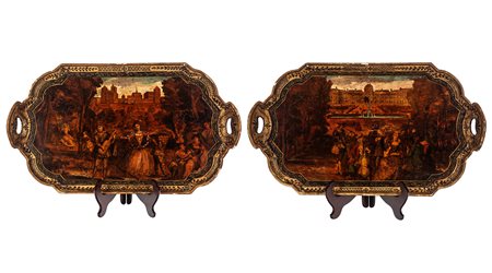 Due vassoi biansati e di forma mossa in legno laccato ad “Arte Povera” e dorato. Venezia, 1750 circa.