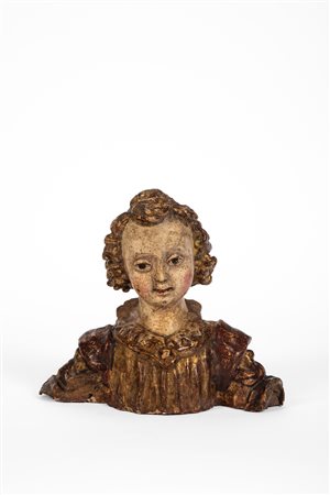 Busto di Angelo in legno e gesso scolpito, laccato e dorato. Toscana, secolo XVI.