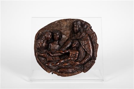 Altorilievo in terracotta raffigurante Madonna con Bambino e fanciulli. Emilia, secolo XVI.