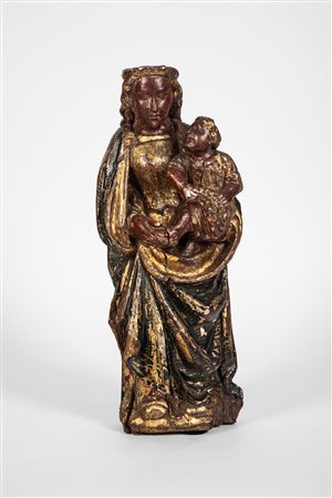 Madonna con Bambino in legno scolpito, intagliato, policromo e dorato. Secolo XV-XVI. 