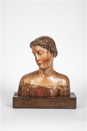 Busto in legno scolpito policromo, probabilmente raffigurante Vergine Annunciata. Toscana, secolo XV.