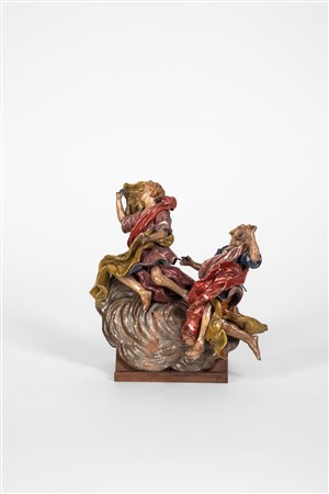 Piccolo gruppo in terracotta policroma raffigurante angeli musicanti assisi su nuvole. Arte genovese, secolo XVII.