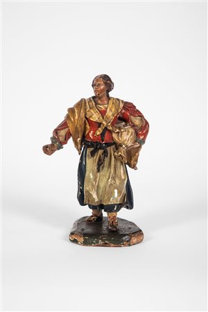 Figura presepiale in legno policromo. Probabilmente ambito genovese, secolo XVIII.