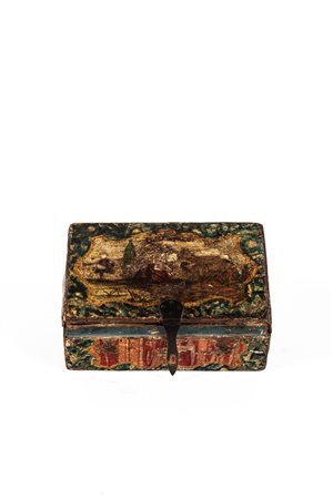 Scatola con coperchio in legno laccato. Secolo XVIII.