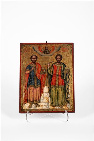 Icona ortodossa raffigurante i Santi Cosma e Damiano. Grecia-area balcanica, XVIII-XIX secolo.