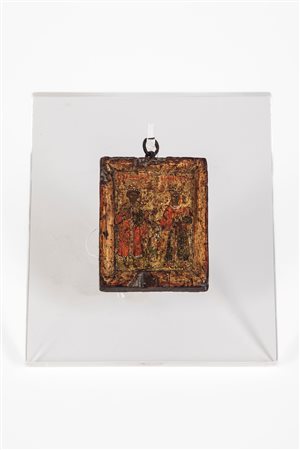 Piccola icona ortodossa da viaggio raffigurante due Santi. Russia, secolo XVIII.
