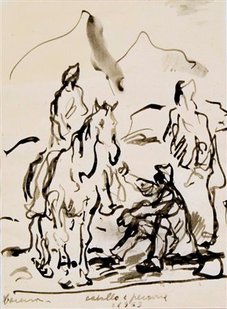 CARENA FELICE Cumiana (To) 1879 - Venezia 1966 Cavallo e persone 1963 gouache...