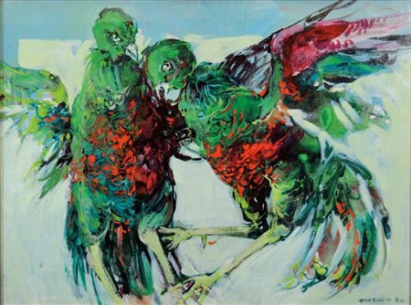 AMBROGIO GIANNI Treviso 1928 Combattimento di galli 1980 olio su tela 60x80...