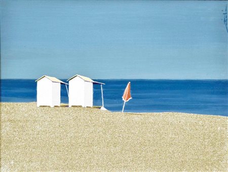 ARTIOLI BRUNO Nocera Umbra 1943 - Novara 2000 Cabine sulla spiaggia olio e...